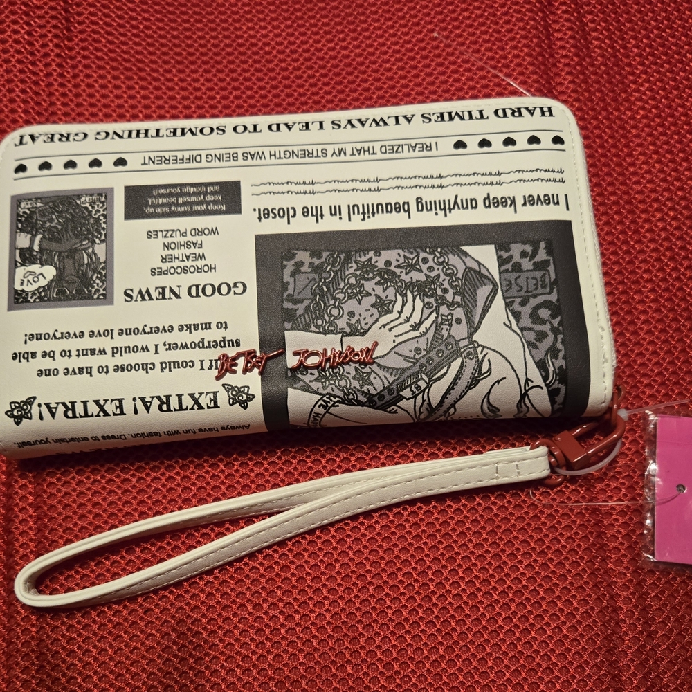 Betsey Johnson Black and White Newspaper Print Wristlet